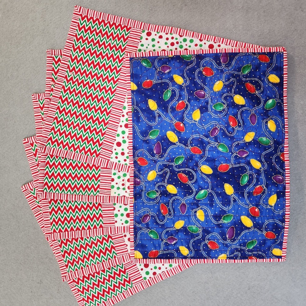 Set Of 6 Handmade Quilted Christmas Placemats Cotton Polka Dots Christmas Lights